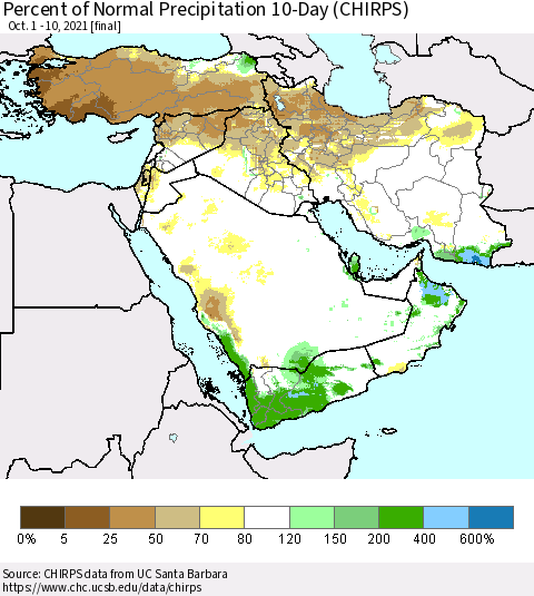 Middle East and Turkey Percent of Normal Precipitation 10-Day (CHIRPS) Thematic Map For 10/1/2021 - 10/10/2021
