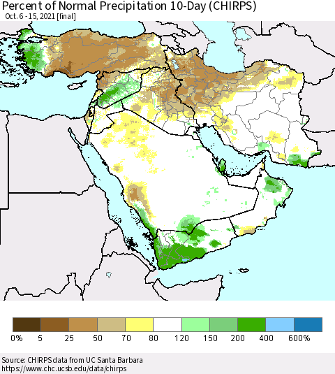 Middle East and Turkey Percent of Normal Precipitation 10-Day (CHIRPS) Thematic Map For 10/6/2021 - 10/15/2021