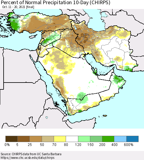 Middle East and Turkey Percent of Normal Precipitation 10-Day (CHIRPS) Thematic Map For 10/11/2021 - 10/20/2021