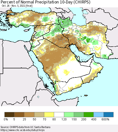 Middle East and Turkey Percent of Normal Precipitation 10-Day (CHIRPS) Thematic Map For 10/26/2021 - 11/5/2021