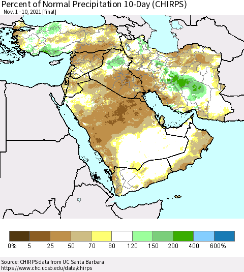 Middle East and Turkey Percent of Normal Precipitation 10-Day (CHIRPS) Thematic Map For 11/1/2021 - 11/10/2021