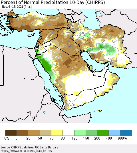 Middle East and Turkey Percent of Normal Precipitation 10-Day (CHIRPS) Thematic Map For 11/6/2021 - 11/15/2021
