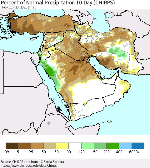 Middle East and Turkey Percent of Normal Precipitation 10-Day (CHIRPS) Thematic Map For 11/11/2021 - 11/20/2021