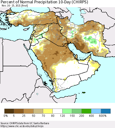 Middle East and Turkey Percent of Normal Precipitation 10-Day (CHIRPS) Thematic Map For 11/16/2021 - 11/25/2021