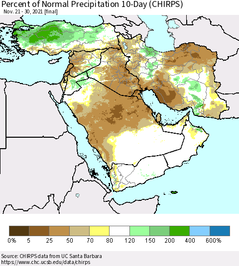 Middle East and Turkey Percent of Normal Precipitation 10-Day (CHIRPS) Thematic Map For 11/21/2021 - 11/30/2021