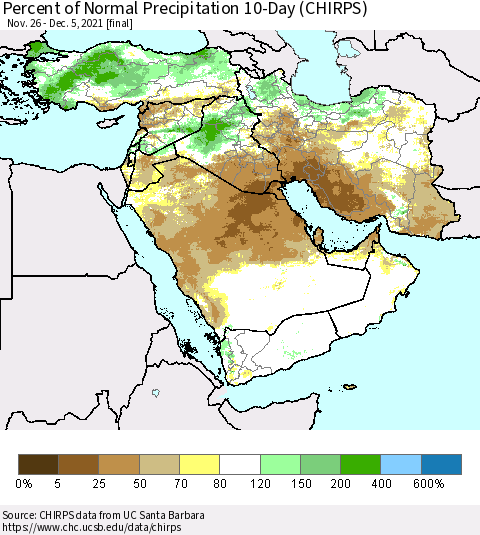 Middle East and Turkey Percent of Normal Precipitation 10-Day (CHIRPS) Thematic Map For 11/26/2021 - 12/5/2021