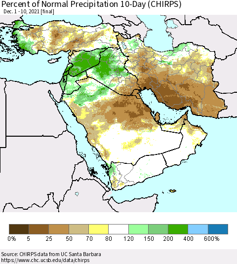 Middle East and Turkey Percent of Normal Precipitation 10-Day (CHIRPS) Thematic Map For 12/1/2021 - 12/10/2021