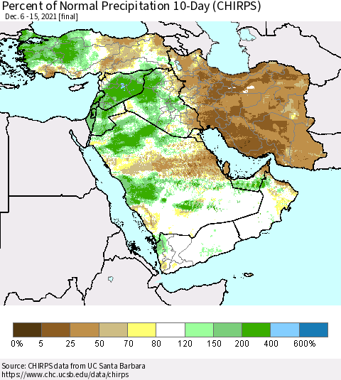 Middle East and Turkey Percent of Normal Precipitation 10-Day (CHIRPS) Thematic Map For 12/6/2021 - 12/15/2021