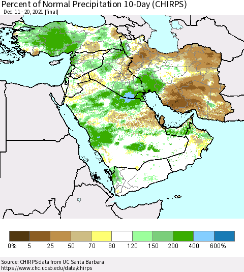 Middle East and Turkey Percent of Normal Precipitation 10-Day (CHIRPS) Thematic Map For 12/11/2021 - 12/20/2021