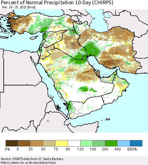 Middle East and Turkey Percent of Normal Precipitation 10-Day (CHIRPS) Thematic Map For 12/16/2021 - 12/25/2021
