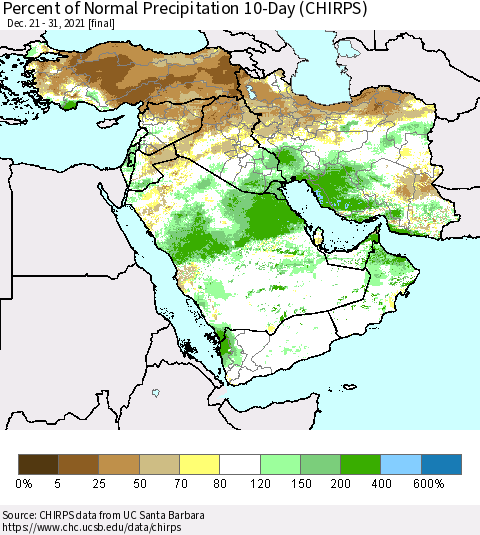 Middle East and Turkey Percent of Normal Precipitation 10-Day (CHIRPS) Thematic Map For 12/21/2021 - 12/31/2021