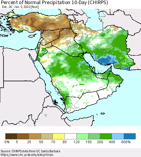 Middle East and Turkey Percent of Normal Precipitation 10-Day (CHIRPS) Thematic Map For 12/26/2021 - 1/5/2022