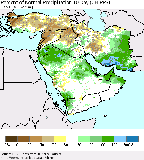 Middle East and Turkey Percent of Normal Precipitation 10-Day (CHIRPS) Thematic Map For 1/1/2022 - 1/10/2022