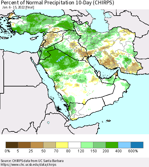 Middle East and Turkey Percent of Normal Precipitation 10-Day (CHIRPS) Thematic Map For 1/6/2022 - 1/15/2022
