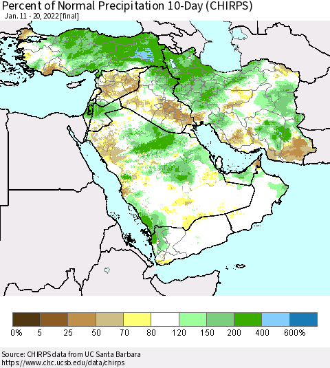 Middle East and Turkey Percent of Normal Precipitation 10-Day (CHIRPS) Thematic Map For 1/11/2022 - 1/20/2022