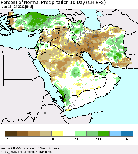 Middle East and Turkey Percent of Normal Precipitation 10-Day (CHIRPS) Thematic Map For 1/16/2022 - 1/25/2022