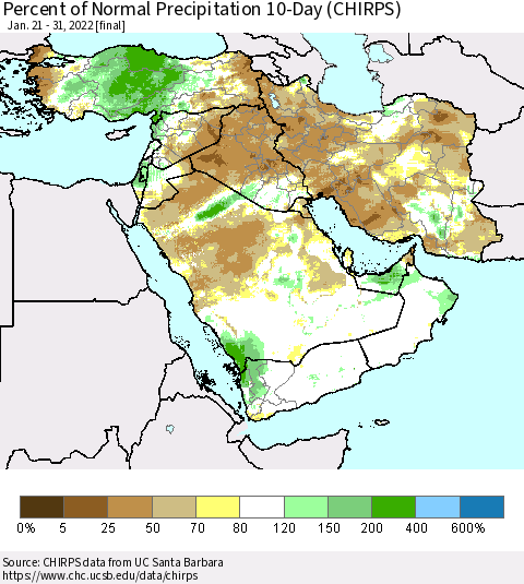 Middle East and Turkey Percent of Normal Precipitation 10-Day (CHIRPS) Thematic Map For 1/21/2022 - 1/31/2022