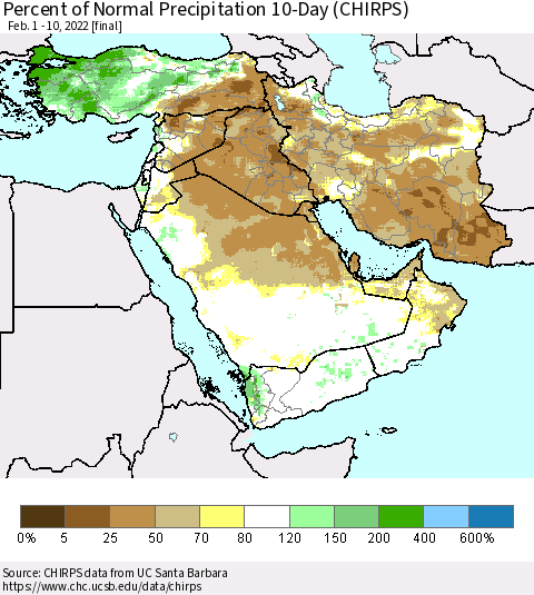 Middle East and Turkey Percent of Normal Precipitation 10-Day (CHIRPS) Thematic Map For 2/1/2022 - 2/10/2022