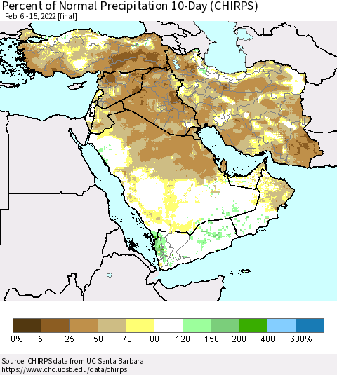 Middle East and Turkey Percent of Normal Precipitation 10-Day (CHIRPS) Thematic Map For 2/6/2022 - 2/15/2022
