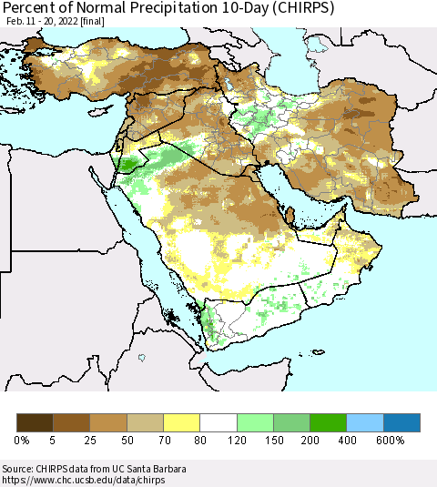 Middle East and Turkey Percent of Normal Precipitation 10-Day (CHIRPS) Thematic Map For 2/11/2022 - 2/20/2022