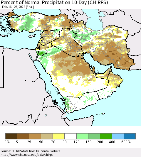 Middle East and Turkey Percent of Normal Precipitation 10-Day (CHIRPS) Thematic Map For 2/16/2022 - 2/25/2022