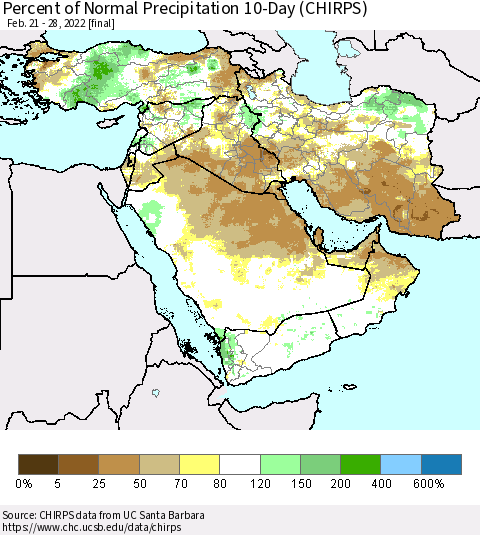 Middle East and Turkey Percent of Normal Precipitation 10-Day (CHIRPS) Thematic Map For 2/21/2022 - 2/28/2022