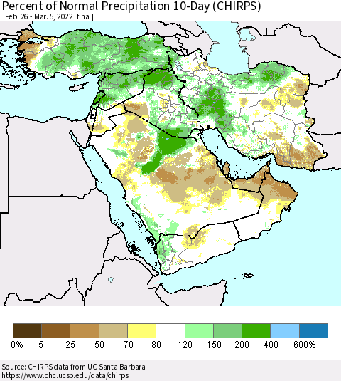 Middle East and Turkey Percent of Normal Precipitation 10-Day (CHIRPS) Thematic Map For 2/26/2022 - 3/5/2022