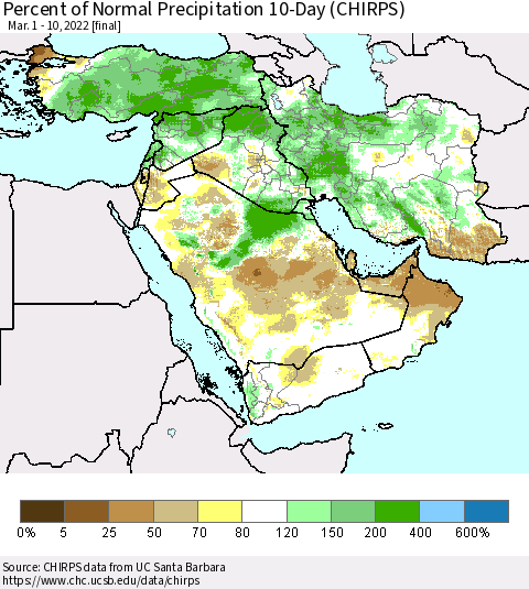 Middle East and Turkey Percent of Normal Precipitation 10-Day (CHIRPS) Thematic Map For 3/1/2022 - 3/10/2022