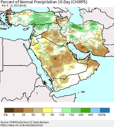 Middle East and Turkey Percent of Normal Precipitation 10-Day (CHIRPS) Thematic Map For 3/6/2022 - 3/15/2022