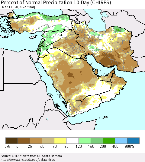 Middle East and Turkey Percent of Normal Precipitation 10-Day (CHIRPS) Thematic Map For 3/11/2022 - 3/20/2022