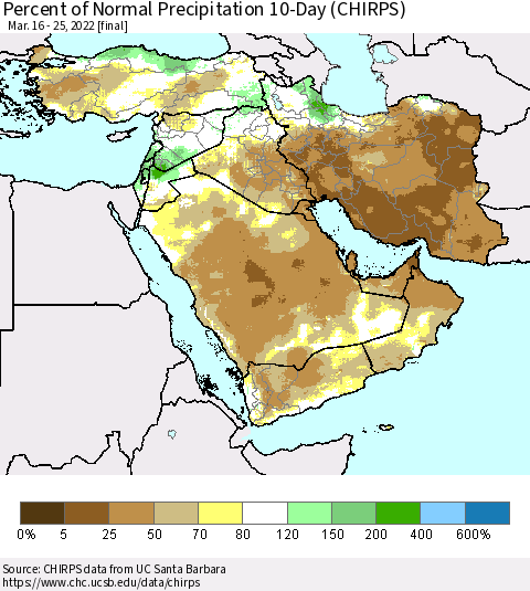 Middle East and Turkey Percent of Normal Precipitation 10-Day (CHIRPS) Thematic Map For 3/16/2022 - 3/25/2022