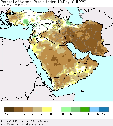 Middle East and Turkey Percent of Normal Precipitation 10-Day (CHIRPS) Thematic Map For 3/21/2022 - 3/31/2022