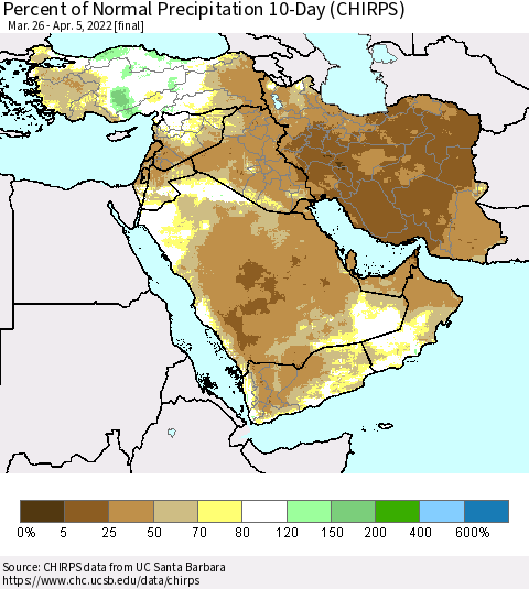 Middle East and Turkey Percent of Normal Precipitation 10-Day (CHIRPS) Thematic Map For 3/26/2022 - 4/5/2022