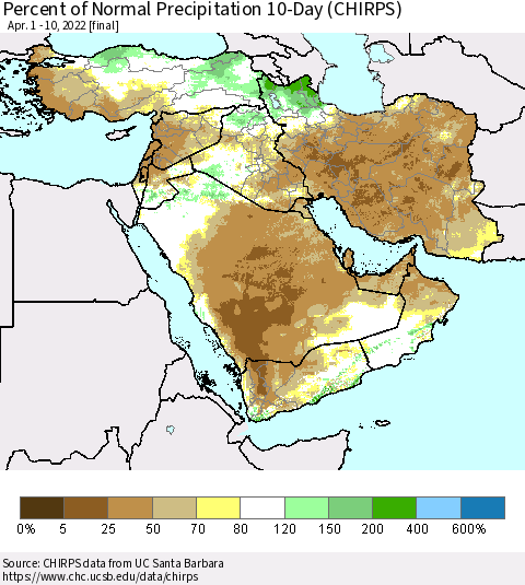 Middle East and Turkey Percent of Normal Precipitation 10-Day (CHIRPS) Thematic Map For 4/1/2022 - 4/10/2022