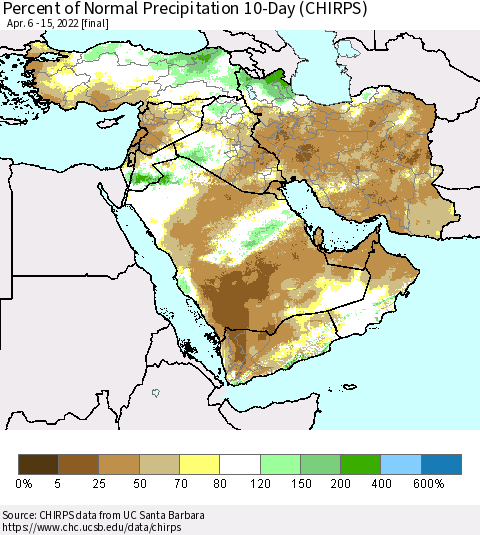 Middle East and Turkey Percent of Normal Precipitation 10-Day (CHIRPS) Thematic Map For 4/6/2022 - 4/15/2022