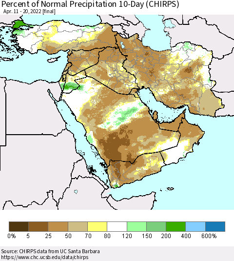 Middle East and Turkey Percent of Normal Precipitation 10-Day (CHIRPS) Thematic Map For 4/11/2022 - 4/20/2022