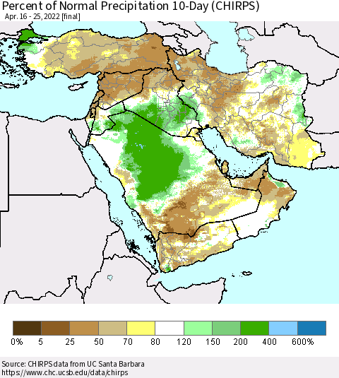 Middle East and Turkey Percent of Normal Precipitation 10-Day (CHIRPS) Thematic Map For 4/16/2022 - 4/25/2022
