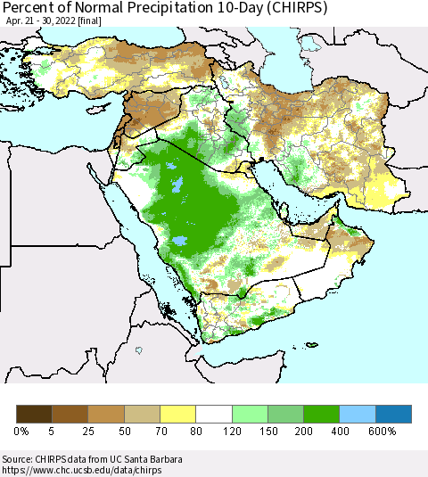 Middle East and Turkey Percent of Normal Precipitation 10-Day (CHIRPS) Thematic Map For 4/21/2022 - 4/30/2022
