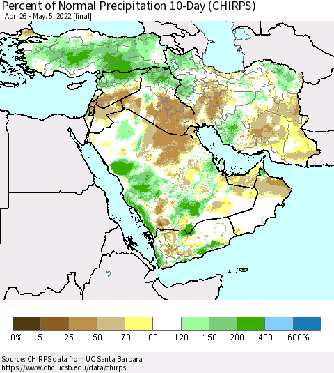 Middle East and Turkey Percent of Normal Precipitation 10-Day (CHIRPS) Thematic Map For 4/26/2022 - 5/5/2022