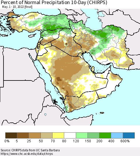 Middle East and Turkey Percent of Normal Precipitation 10-Day (CHIRPS) Thematic Map For 5/1/2022 - 5/10/2022