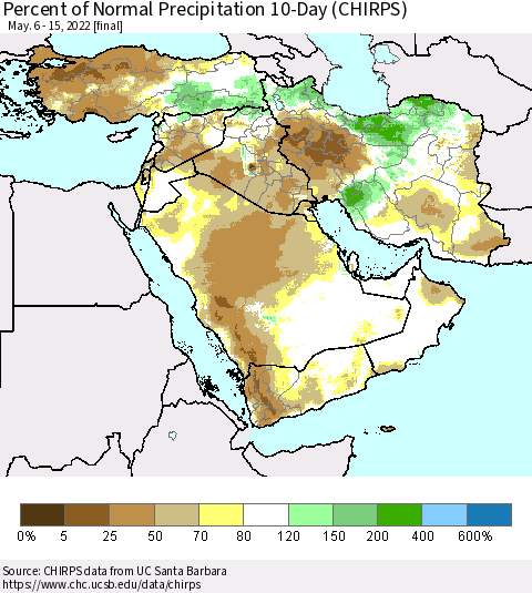Middle East and Turkey Percent of Normal Precipitation 10-Day (CHIRPS) Thematic Map For 5/6/2022 - 5/15/2022