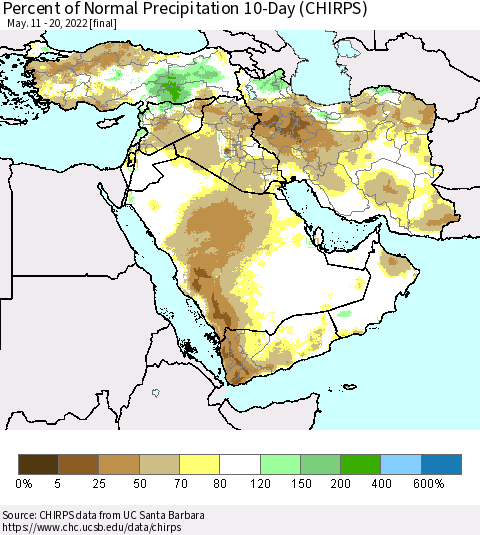 Middle East and Turkey Percent of Normal Precipitation 10-Day (CHIRPS) Thematic Map For 5/11/2022 - 5/20/2022