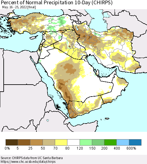 Middle East and Turkey Percent of Normal Precipitation 10-Day (CHIRPS) Thematic Map For 5/16/2022 - 5/25/2022