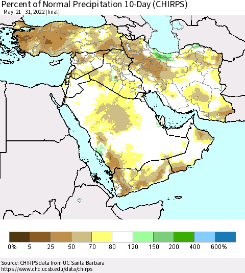 Middle East and Turkey Percent of Normal Precipitation 10-Day (CHIRPS) Thematic Map For 5/21/2022 - 5/31/2022