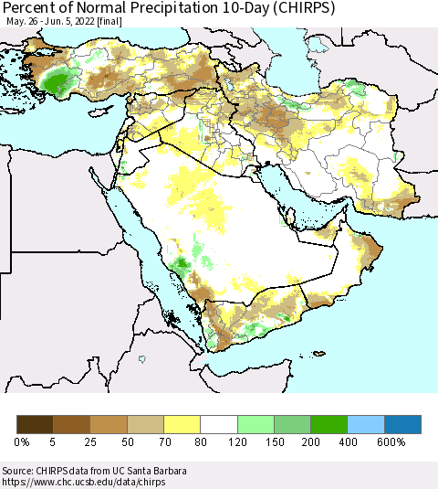 Middle East and Turkey Percent of Normal Precipitation 10-Day (CHIRPS) Thematic Map For 5/26/2022 - 6/5/2022