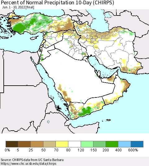 Middle East and Turkey Percent of Normal Precipitation 10-Day (CHIRPS) Thematic Map For 6/1/2022 - 6/10/2022