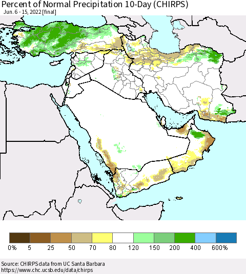 Middle East and Turkey Percent of Normal Precipitation 10-Day (CHIRPS) Thematic Map For 6/6/2022 - 6/15/2022