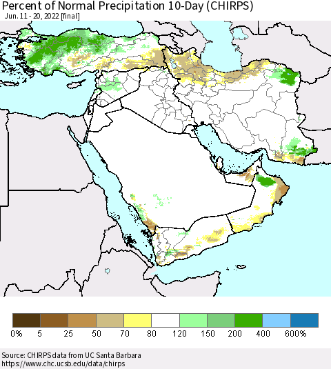 Middle East and Turkey Percent of Normal Precipitation 10-Day (CHIRPS) Thematic Map For 6/11/2022 - 6/20/2022
