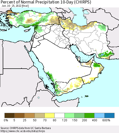 Middle East and Turkey Percent of Normal Precipitation 10-Day (CHIRPS) Thematic Map For 6/16/2022 - 6/25/2022