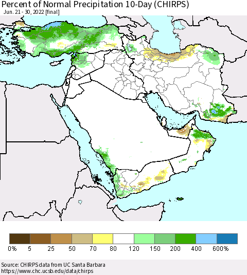 Middle East and Turkey Percent of Normal Precipitation 10-Day (CHIRPS) Thematic Map For 6/21/2022 - 6/30/2022